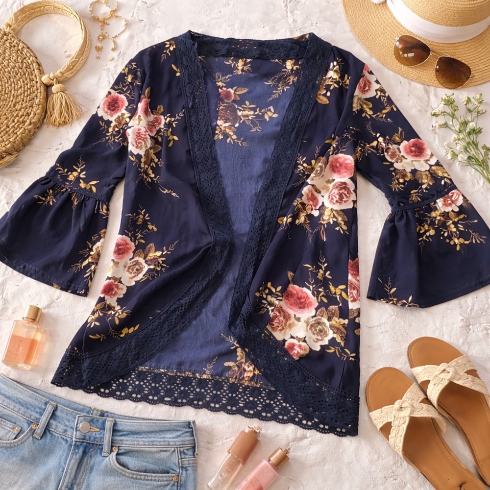 Boho Navy Floral Lace Kimono Cardigan Bell Sleeve Lightweight Duster Size L